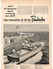 1962 PEMBROKE SF28 Sea Skiff Cabin Cruiser Boat art Vintage Ad 