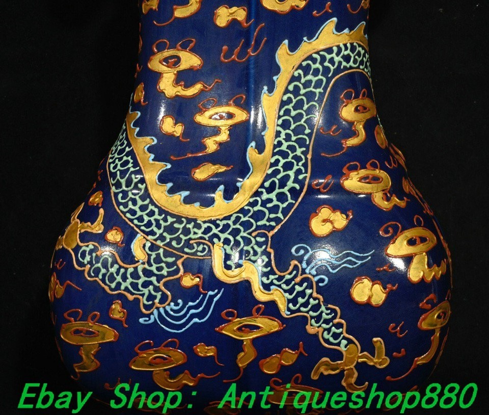 13.5"Song Dynasty official Kiln Blue Glaze Porcelain Gilt Dragon Bottle