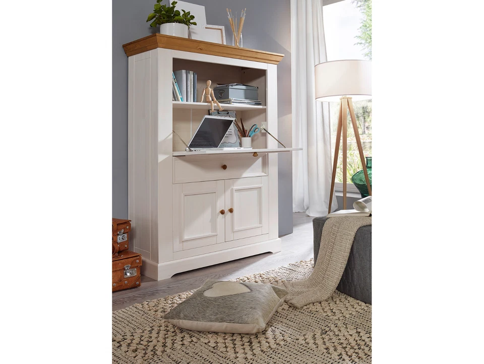 Sekretär Schrank Kommode Schreibtisch Regal BORNHOLM Kiefer weiß eichefarbig - Bild 2 von 2