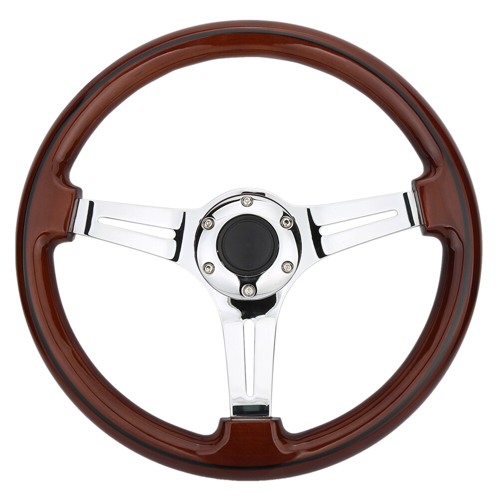 350mm 14" inch Wood Grain Black Trim Classic Chrome Spoke Steering