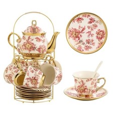 20 Piece Porcelain Tea Set, Teapot, 6 Cups, 6 Saucers, 6 Spoons, Holder