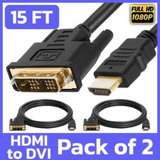 2 Pack 15FT HDMI to DVI Cord DVI-D M to HDMI M Cable Adapter Connector Converter