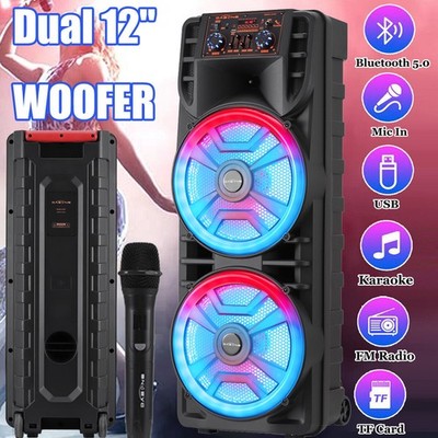 Dual 12'' Portable Bluetooth Speaker Loud Heavy Bass Sound Party Speaker w/ Mic