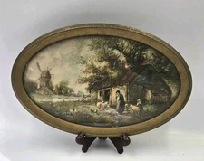Antique Marty Bell May Cottage Print In Oval Wood Frame Under Glass