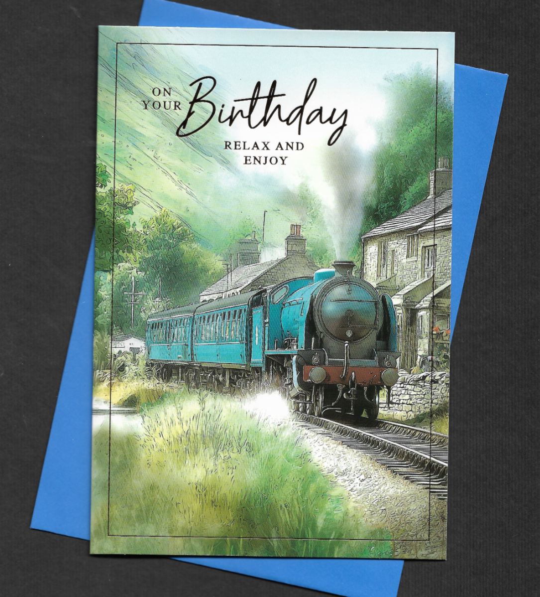 Birthday Card Vintage Steam Train Stone Cottage Scenery Male Man Men 19x13cm