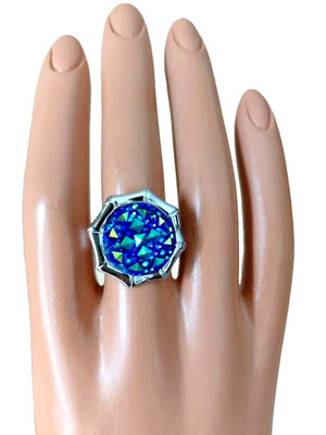 Druzy Ring: Midnight Blue Druzy Ring in All Stainless-Steel with Bamboo Halo