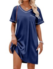 Ekouaer Nightgowns For Women Satin Sleep Shirt Short X-Large, Navy Blue