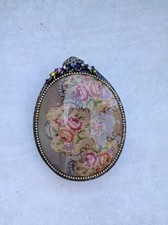 Michal Negrin Large Vintage Brass Belt Buckle Floral Roses Victorian Crystals