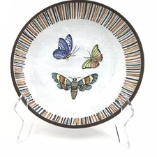 CLAY Ceramic Butterfly Butterflies DISH PLATE Hand Painted Striped Edge Glazed