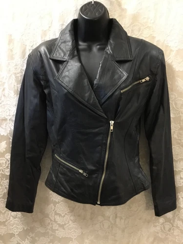 CHIA Black Snatch Waist Cropped Leather Jacket Vintage 80s Punk biker zippers