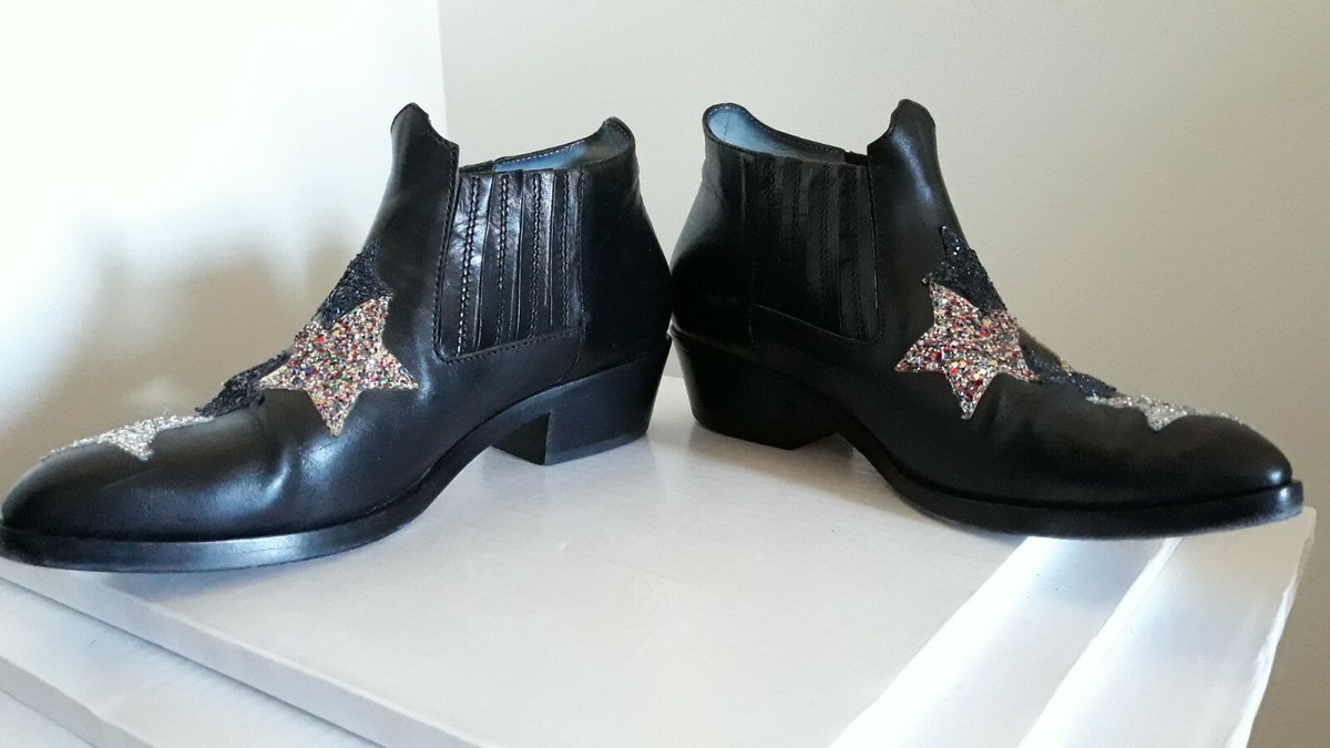 VIP【関税送料無料】希少 CHIARA FERRAGNI GLITTER ANKLE BOOTS Chiara Ferragni Embroidered Glitter Star Black Leather Ankle