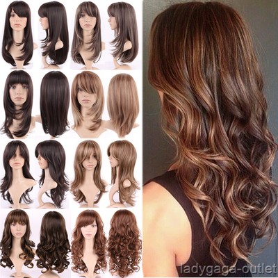 Long Hair Wigs Women Ladies Ombre Brown Blonde Synthetic Curly Wavy Full  Wigs la
