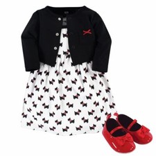 Hudson Baby Dress, Cardigan, Shoe Set, 3-Piece, Scottie Dog