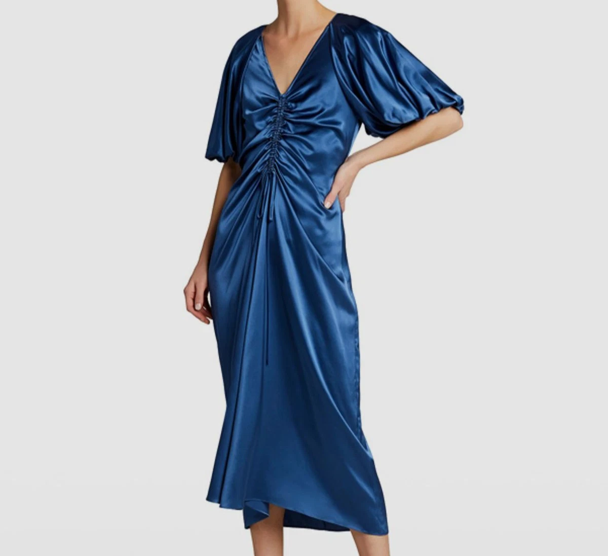 900 Lee Mathews Women s Blue Silk Ruched V Neck A Line Dress Size 1