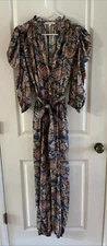 Love The Label Jumpsuit Size S Blue Floral Puff Sleeve Boho Cottage Tie Waist