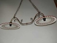 LAMPADARIO liberty in ottone brunito a 2 luci con ceramiche decorate marrone