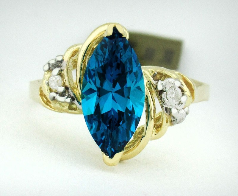 LAB CREATED 3.40 Cts BLUE TOPAZ & GENUINE DIAMOND RING 10K GOLD - New With Tag