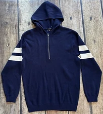 J PETERMAN 1/4 ZIP HOODIE SWEATER BLUE WHITE MENS MEDIUM EXCELLENT CONDITION