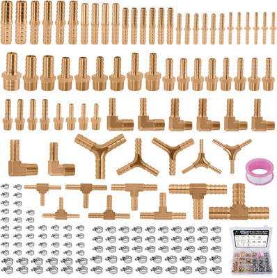 170Pcs Brass Hose Barb Fittings Assortment Kit Splicer Mender,Adaptor,Coupler,Te