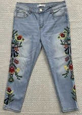 Sandpiper Pants Womens 12P Blue Denim Capris Embroidered Floral Petite Stretch