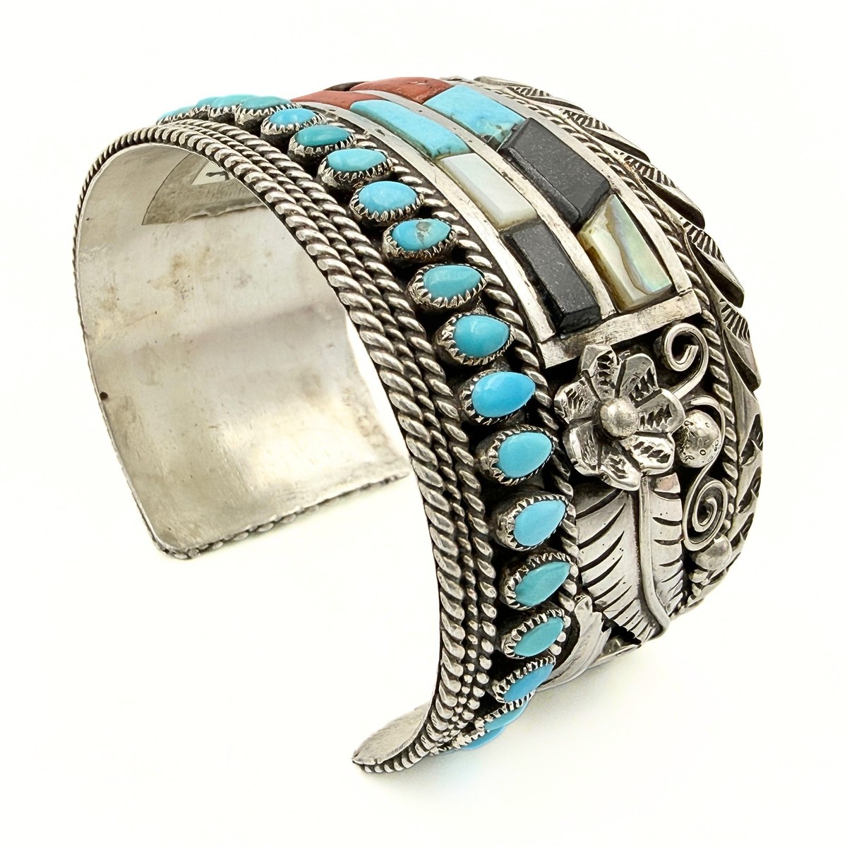 Leo Harvey Marked Navajo Sterling Silver Cobblestone Multi Stone