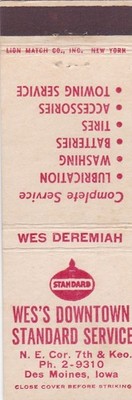Wes's Downtown Standard Gas Station Des Moines Iowa Matchbook 1950's