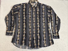 Ely Cattleman Shirt XL Black Floral Stripe Western Pearl Snap Cowboy Rockabilly