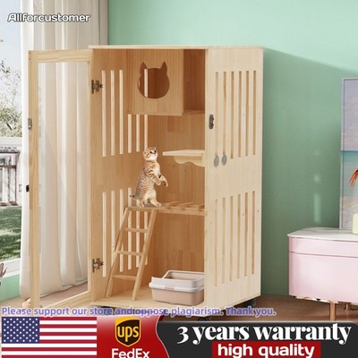 Wooden Large Indoor Cat Enclosure Catio Cage with Ramp and Covered Cat House Kit
