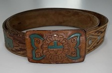 VTG Tooled Leather Belt Southwest Western Aztec Style Sunface Womens 38 LG