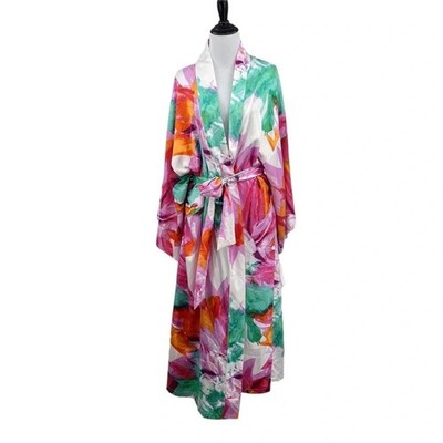 Natori Private Luxuries Paraiso Robe Womens Size Large Pink White Floral Belted