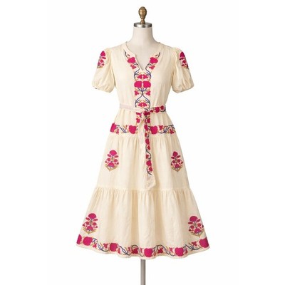 Roller Rabbit Midi Dress Womens S Cream Pink Floral Embroidered Flax Boho Beach