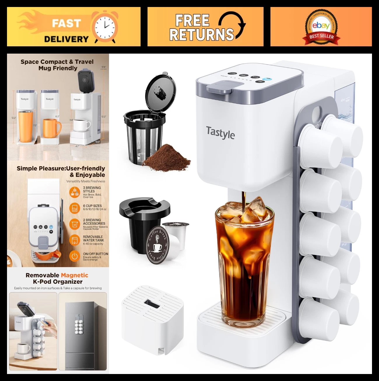 Hot & Iced Coffee Maker with Magnetic K-Pod Organizer, 40oz Tank, 4-5 Cups, Whit