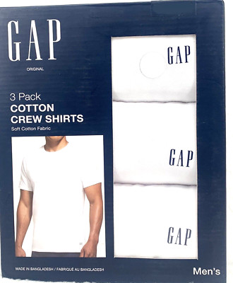 Gap Men's 3-Pack White Cotton Crew Shirts w/ Logo Tag-Free Large - NEW