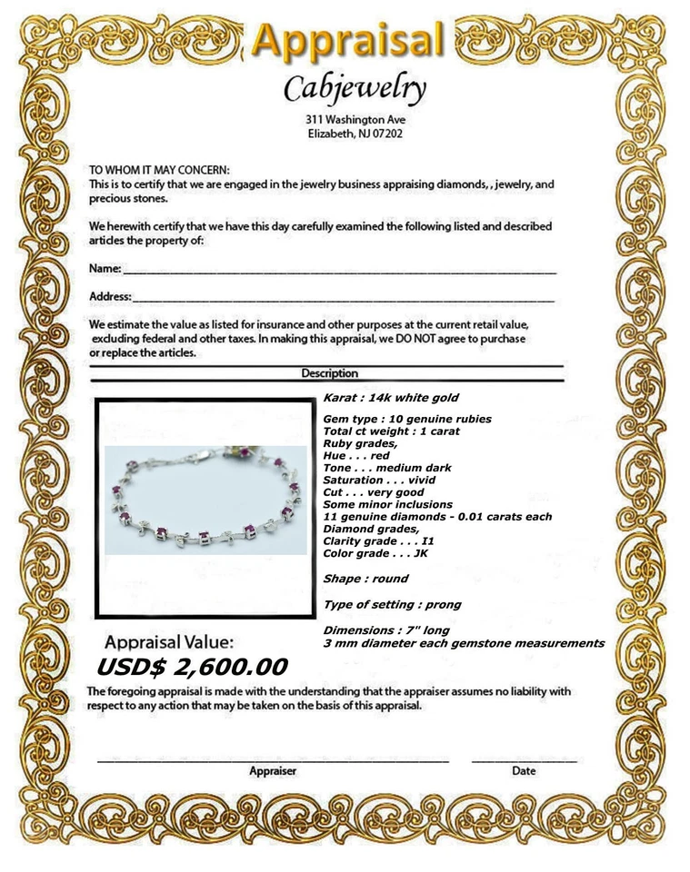 GENUINE 1 Ct RUBY & DIAMONDS BRACELET 14k WHITE GOLD - Free Appraisal Service - Image 3 of 3