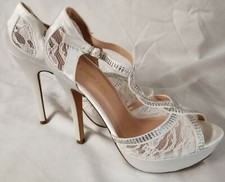 Dream Paris - White Satin, Lace & Diamantes Open Toe T-Bar Shoes Size UK 5.5
