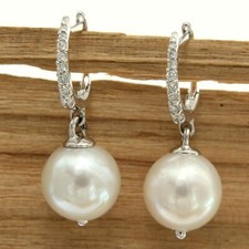 Boucles d'Oreilles en OR Blanc 18 Carats k PERLE et DIAMANT Pendantes Perles