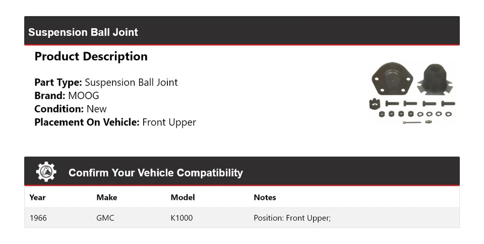 Rótula de suspensión delantera superior MOOG para GMC K1000 1966 Foto 2 de 4