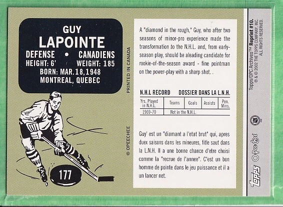2001-02 Topps/O-Pee-Chee Archives Reprint #10 Guy LaPointe Montreal Canadiens - Image 2 of 2