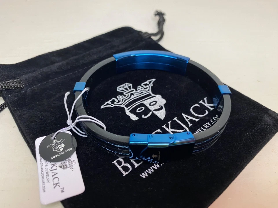 BLACKJACK Jewelry Designer Mens Bracelet Black Silicone Blue Stainless Steel Wir - Image 4 of 4