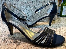 DAVID TATE TERRA SIZE 8.5 N NAVY SATIN EVENING SANDALS HEELS RHINESTONES