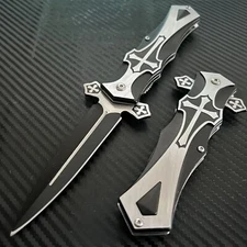 9” Silver Black Cross Tactical Spring Assisted Folding Pocket Knife Girl’s Knife