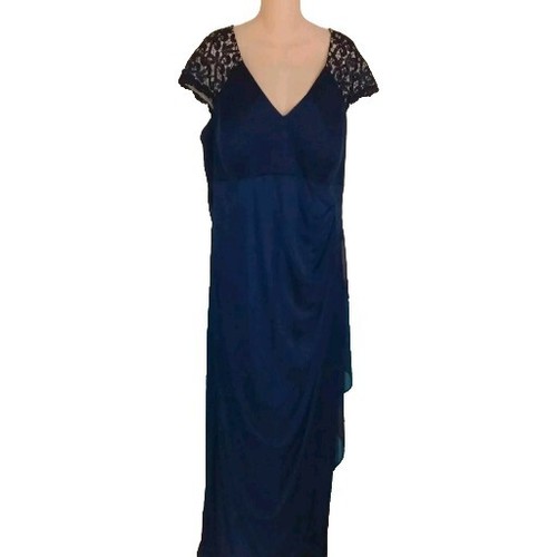 XSCAPE Womens Size 20W 20 W NAVY Blue Illusion Lace Sleeve Ruch Gown Long Dress - Picture 3 of 11