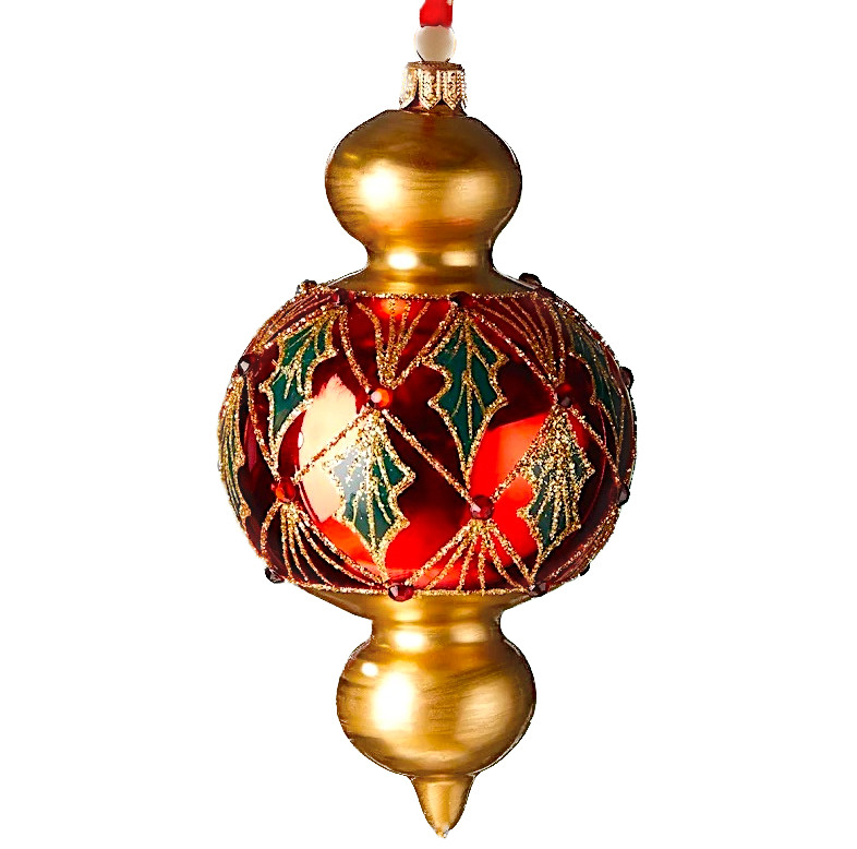 NEIMAN MARCUS Glass Christmas Ornament/Spintop Pendant Drop Finial POLAND Red