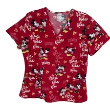 Disney Womens Scrub Top Shirt Size Medium Short Sleeve Red Pocket Valentines 