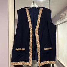 Vintage Women's Embroidered Floral Print Navy Vest Sleeveless Size XL