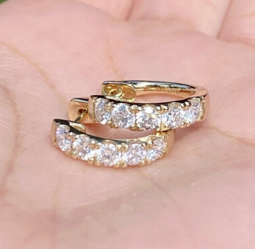 2Ct Round Real Moissanite Huggie/Hoop Clip-On Earrings 14K Yellow Gold Plated - Picture 1 of 12