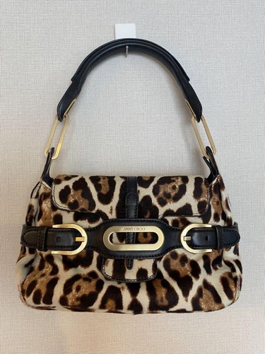 Jimmy Choo Womens One Strap Foldover Shoulder Bag Handbag Leopard Black Used