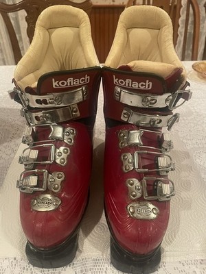 Vintage Koflach Red Boots Top Team Austria Sz 8 M Metal Buckles Vinyl Soles