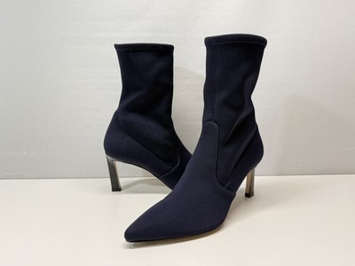 Stuart Weitzman Rapture 75 Heel Mid-Calf Stretch Sock Booties Navy Blue Size 8 M