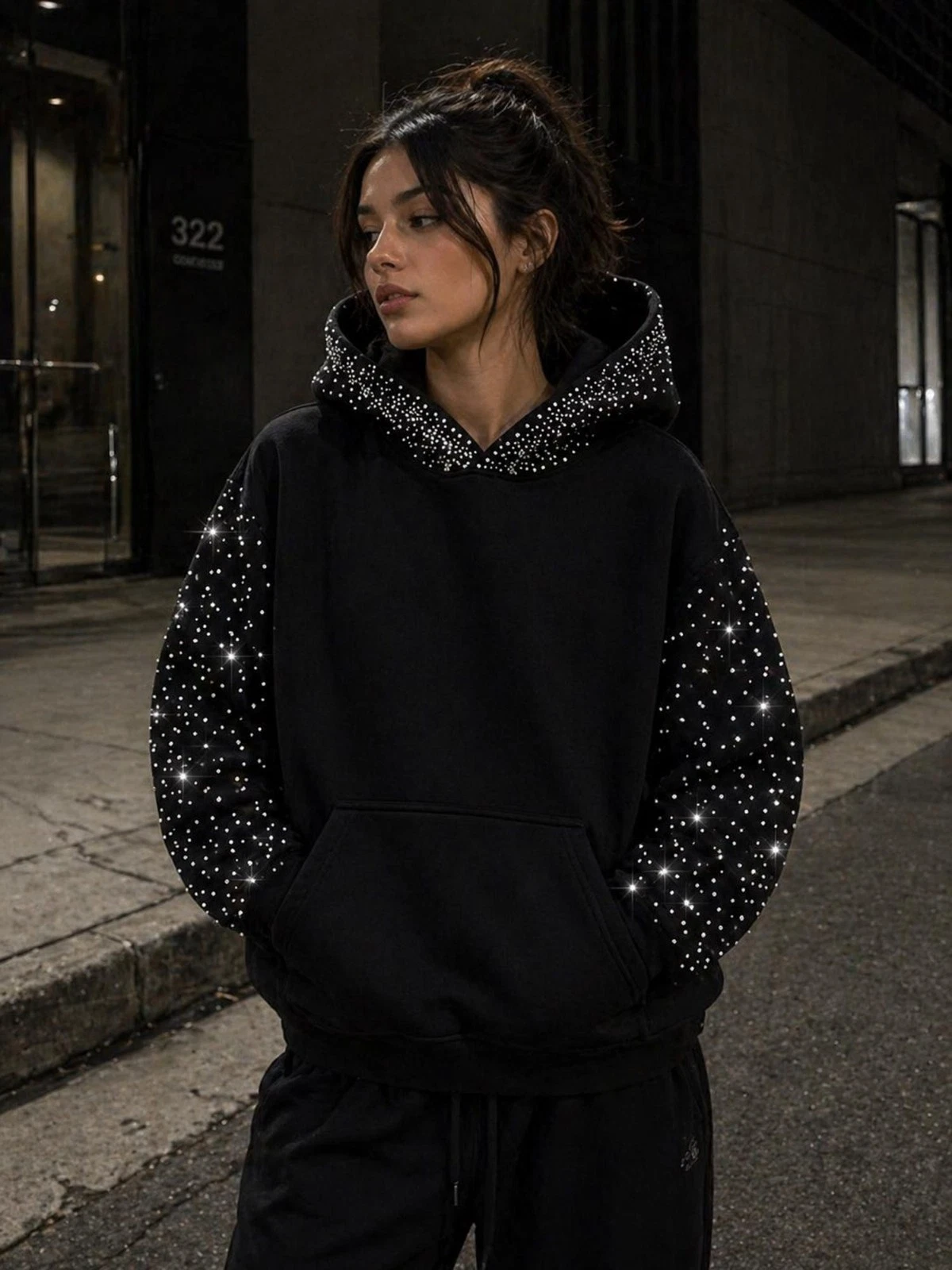 Men and Women Black Hoodie White Rhinestone Sleeve Casual Streetwear Handmade